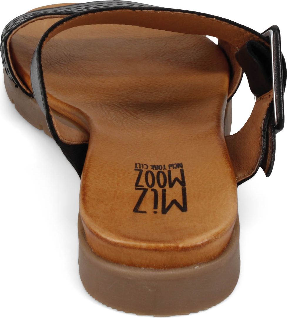 Back view of a sandal with buckled ankle strap and a logo, MIZ NEW YORK CITY M007, on the footbed.
