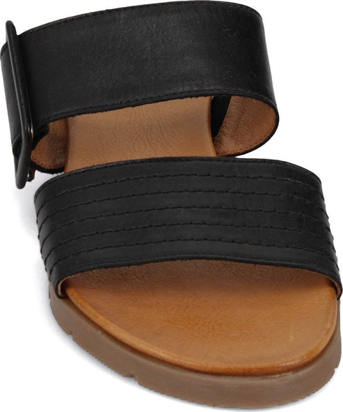 Black slide sandals with tan soles and visible stitching.