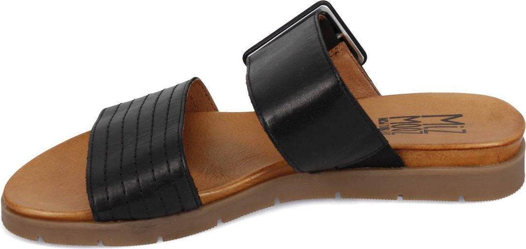 Black leather sandal with a buckled strap.