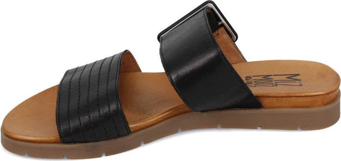 Black leather sandal with a buckled strap.