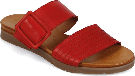 Red slide sandal with decorative buckle