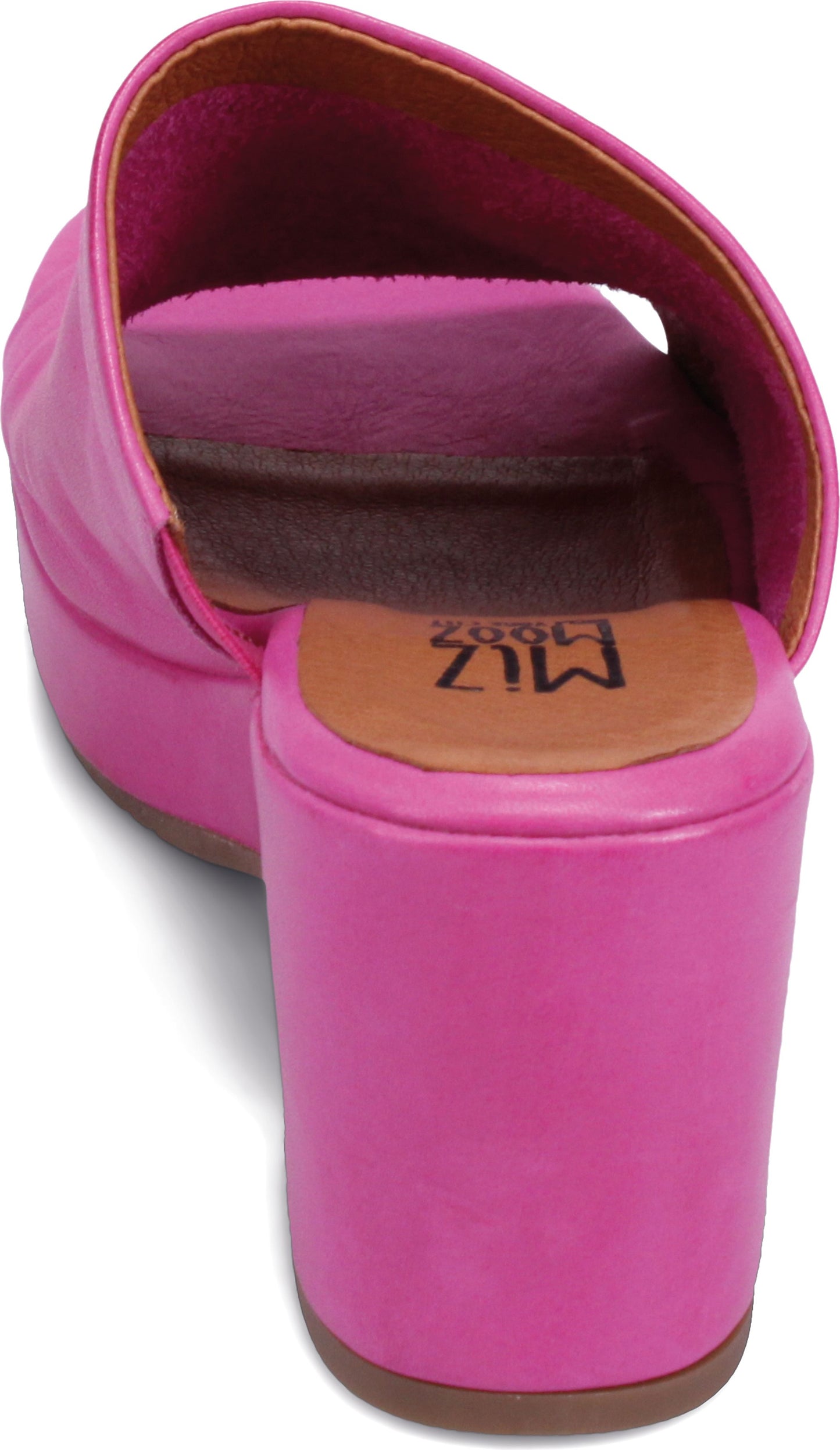 Rear view of a hot pink platform heeled slide sandal.
