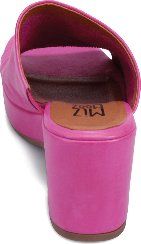 Rear view of a hot pink platform heeled slide sandal.