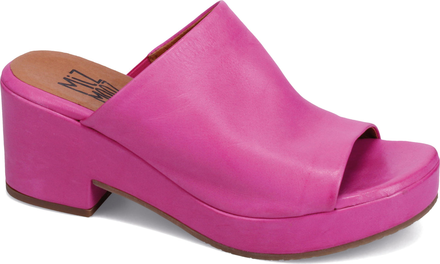 Pink leather mule with a block heel.