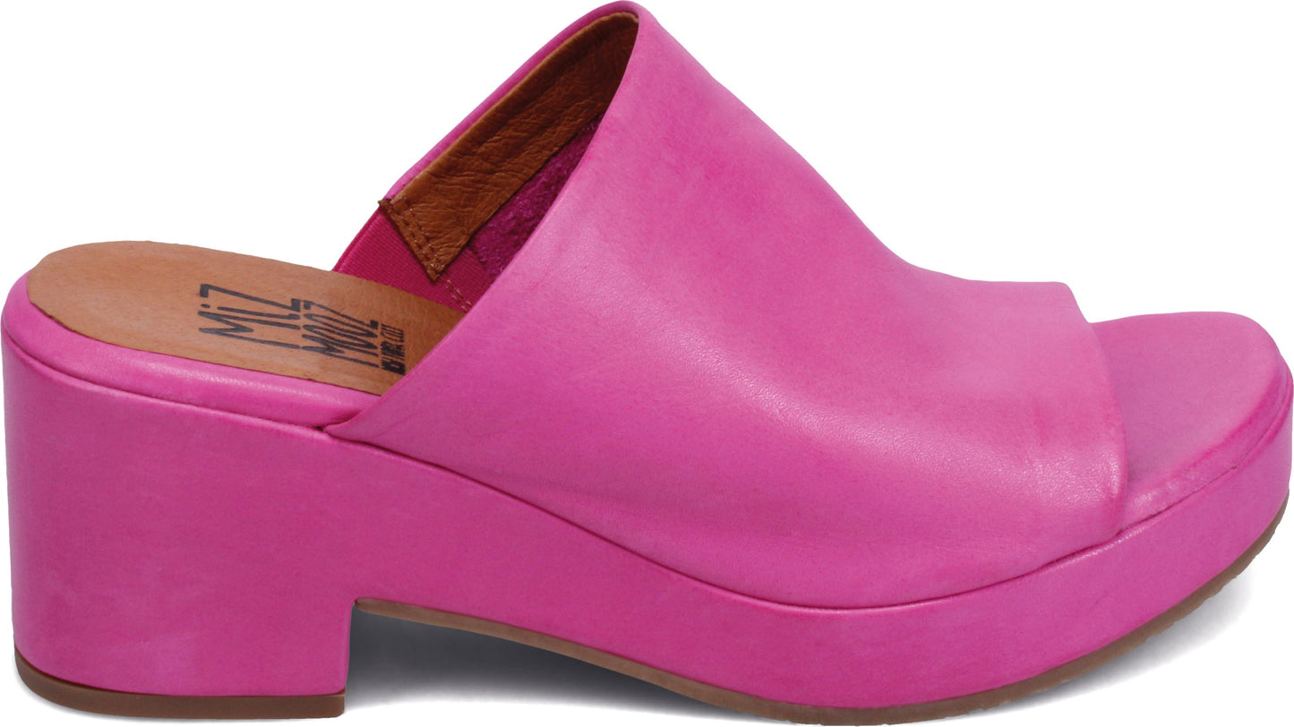 Pink platform slip-on sandal with a block heel.