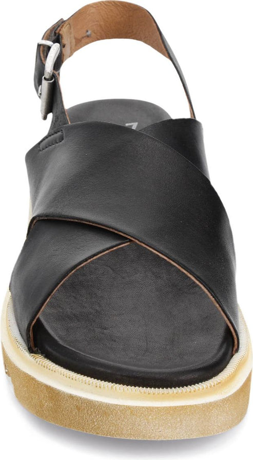 Black leather sandal with adjustable ankle strap and white rubber sole.