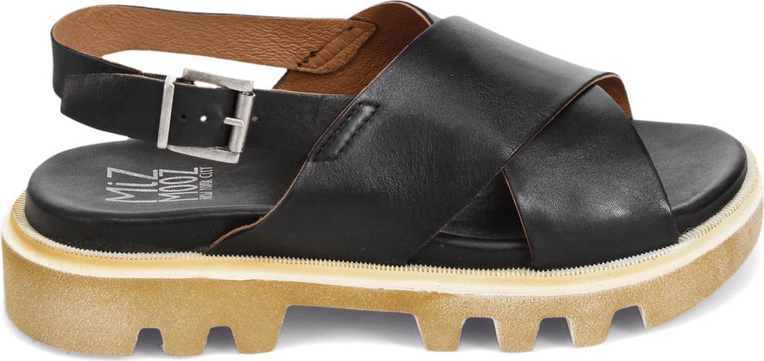 Black platform sandal with a buckle closure.