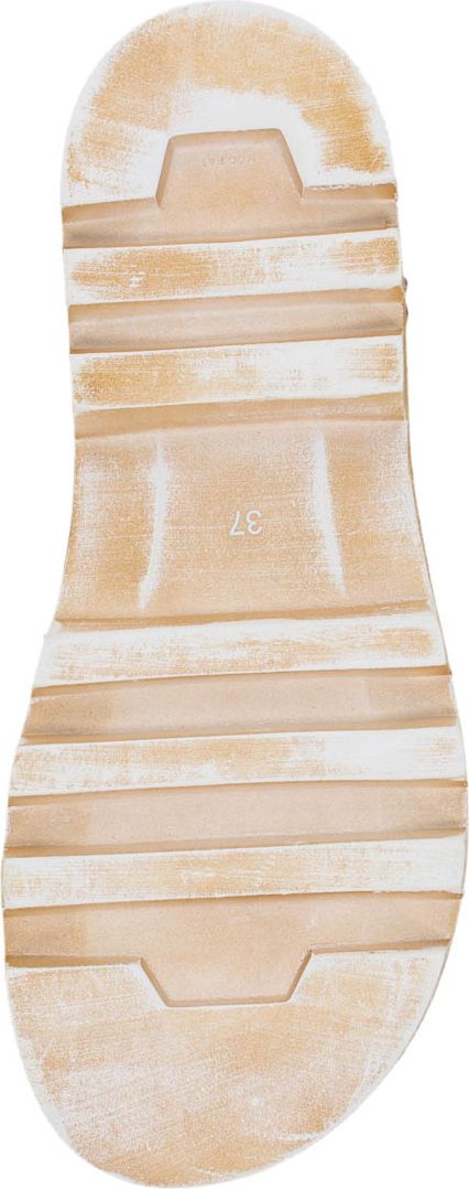 Sole of a light brown sandal with ridged tread and "37" printed in the center.