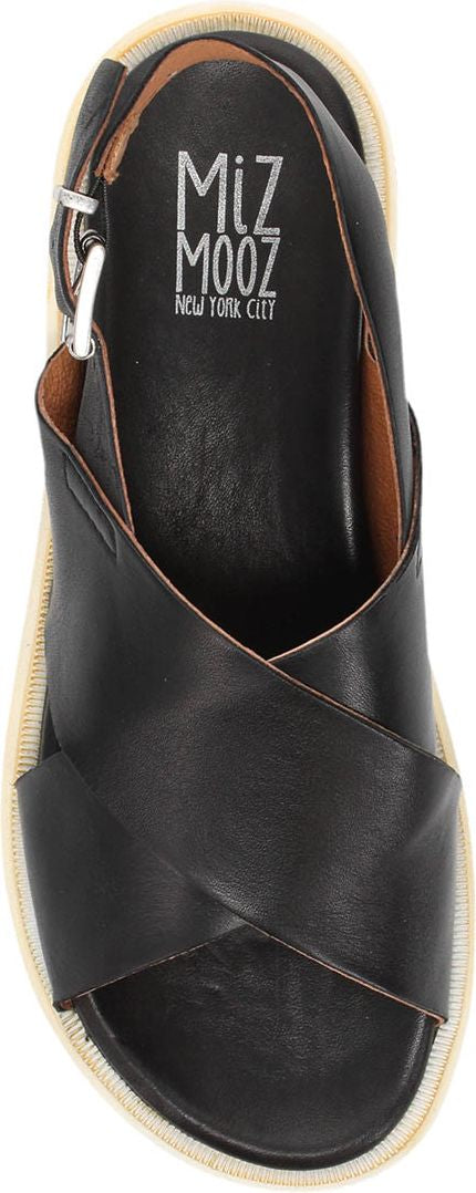 Black sandal with a silver buckle.