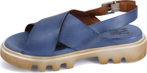 Blue leather sandal with criss-cross straps and buckle closure.