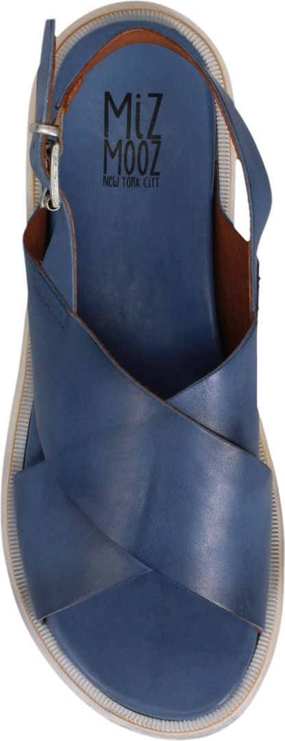 A blue sandal with criss-cross straps and a buckle.