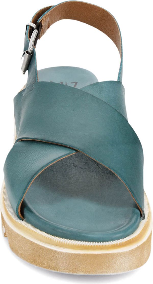 Teal sandal with a thick white sole and a buckle ankle strap.