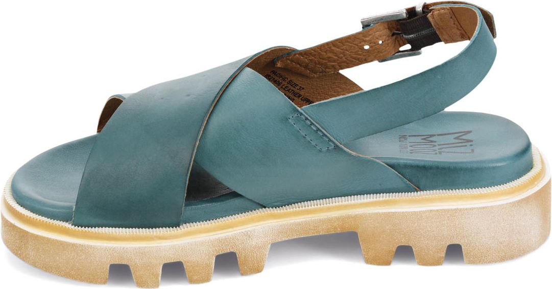 Turquoise leather sandal with thick lug sole and adjustable ankle strap.