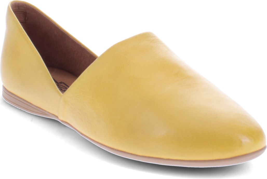Yellow, pointed-toe slip-on flat shoe.