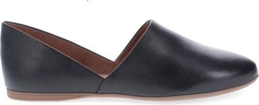 A black, flat shoe with a leather upper and a pointed toe.