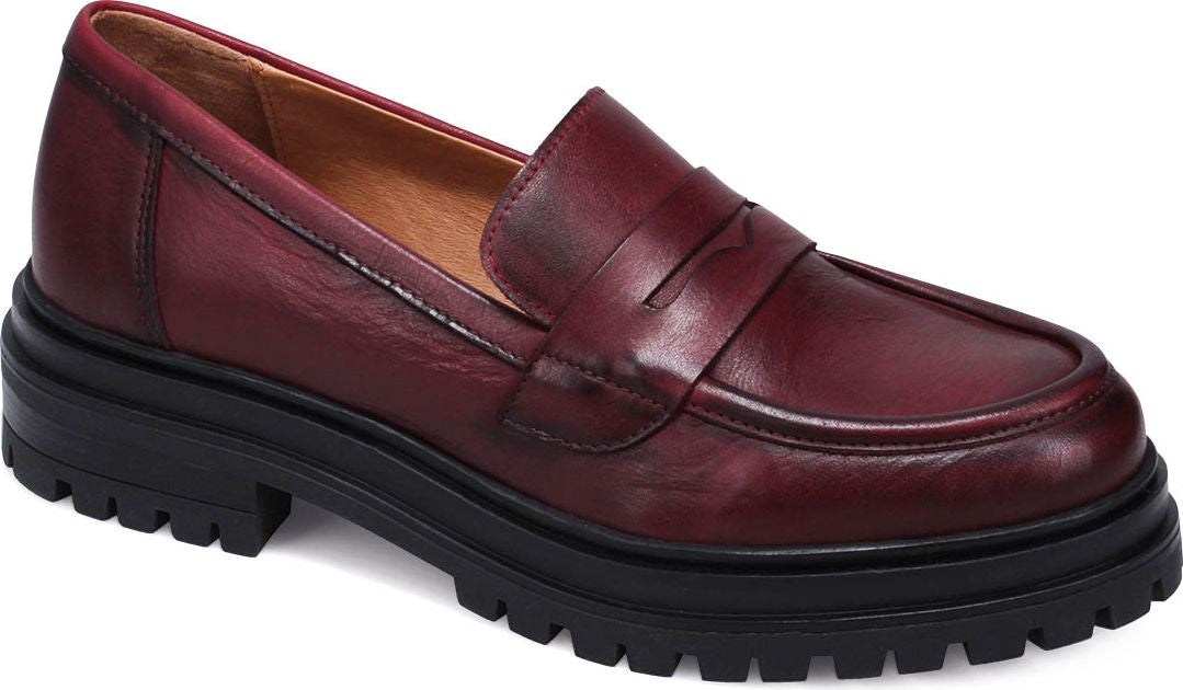 Burgundy leather loafer with a chunky black lug sole.