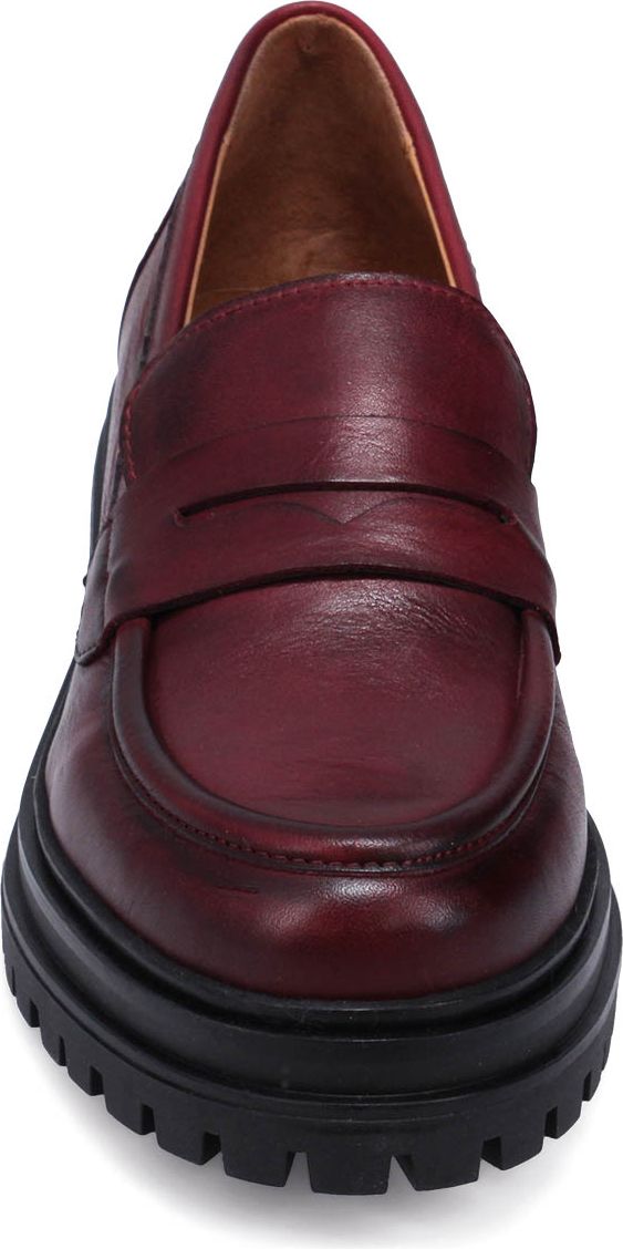 A burgundy loafer with a lug sole.