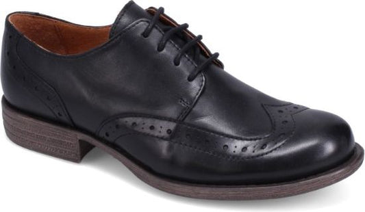 Black leather dress shoe with wingtip design and dark laces.