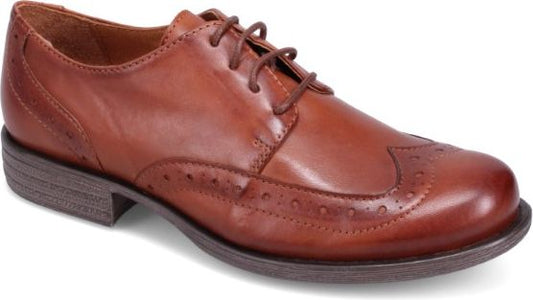 Brown leather wingtip dress shoe with lace-up closure and low heel.