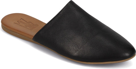 A black, leather-look mule with a low, flat heel and a pointed toe.