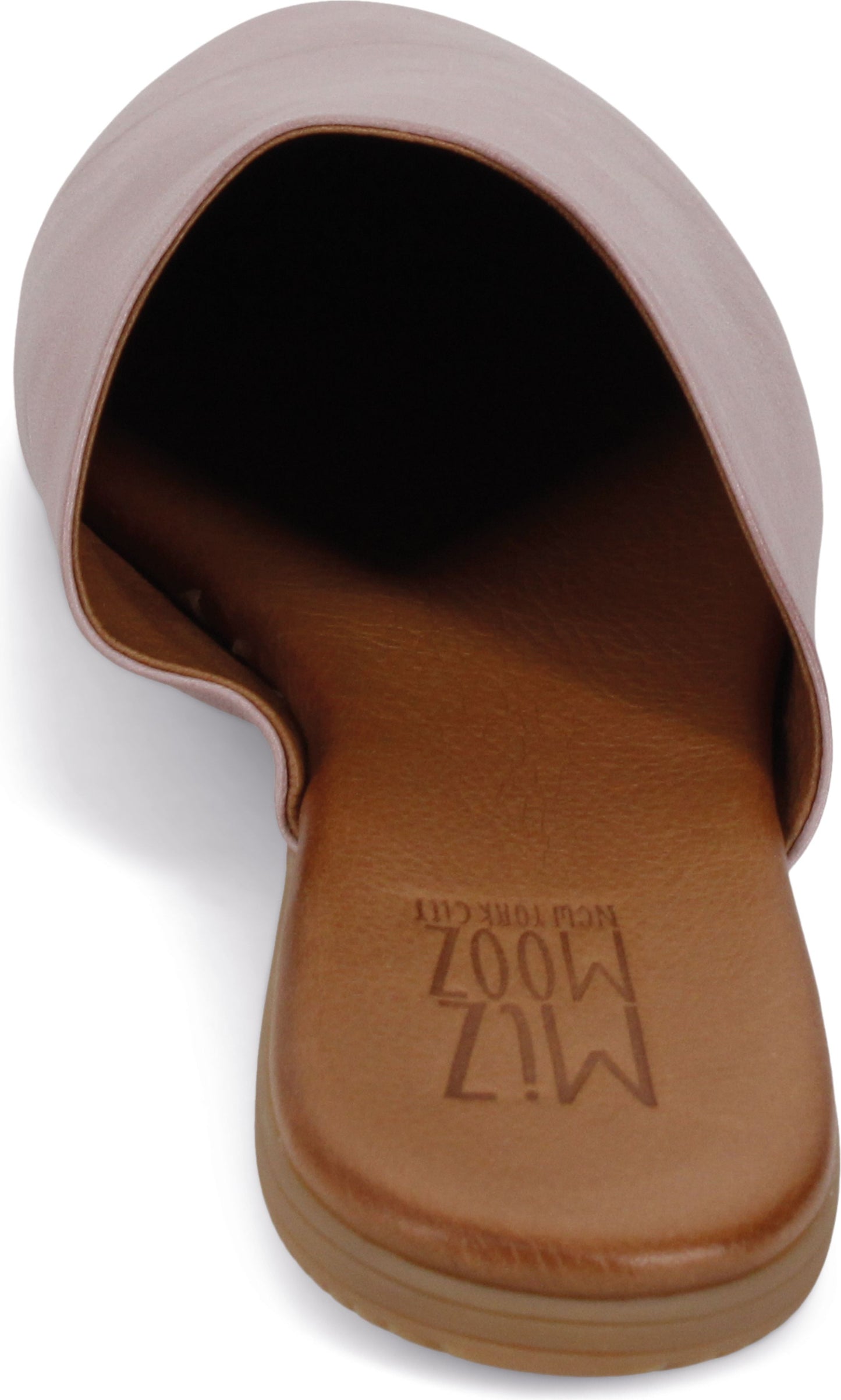 Tan open-back slide with brown sole and insole, and 'MIZ MOOZ New York City' printed on the insole.