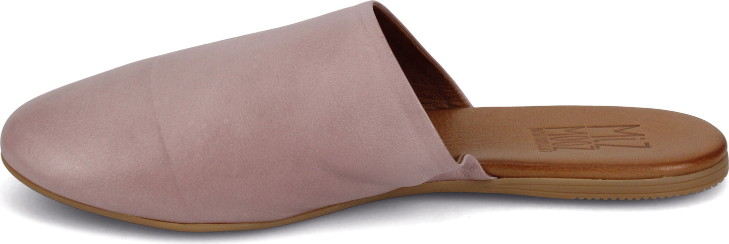 A light pink leather slip-on shoe with a tan sole.