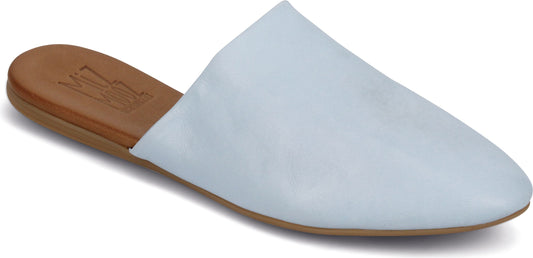 A light blue, pointed-toe mule with a brown sole.