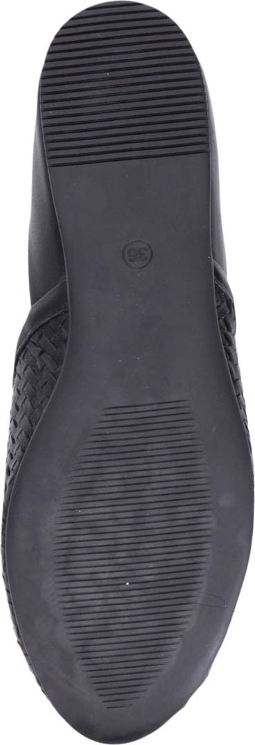 Black shoe sole with ribbed pattern.