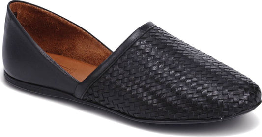 Black woven slip-on shoe with leather interior.