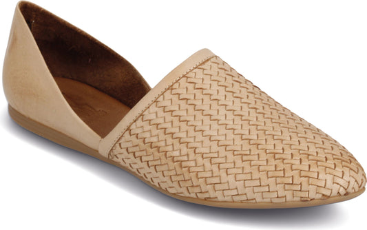 Beige woven flat shoe with cutout side.