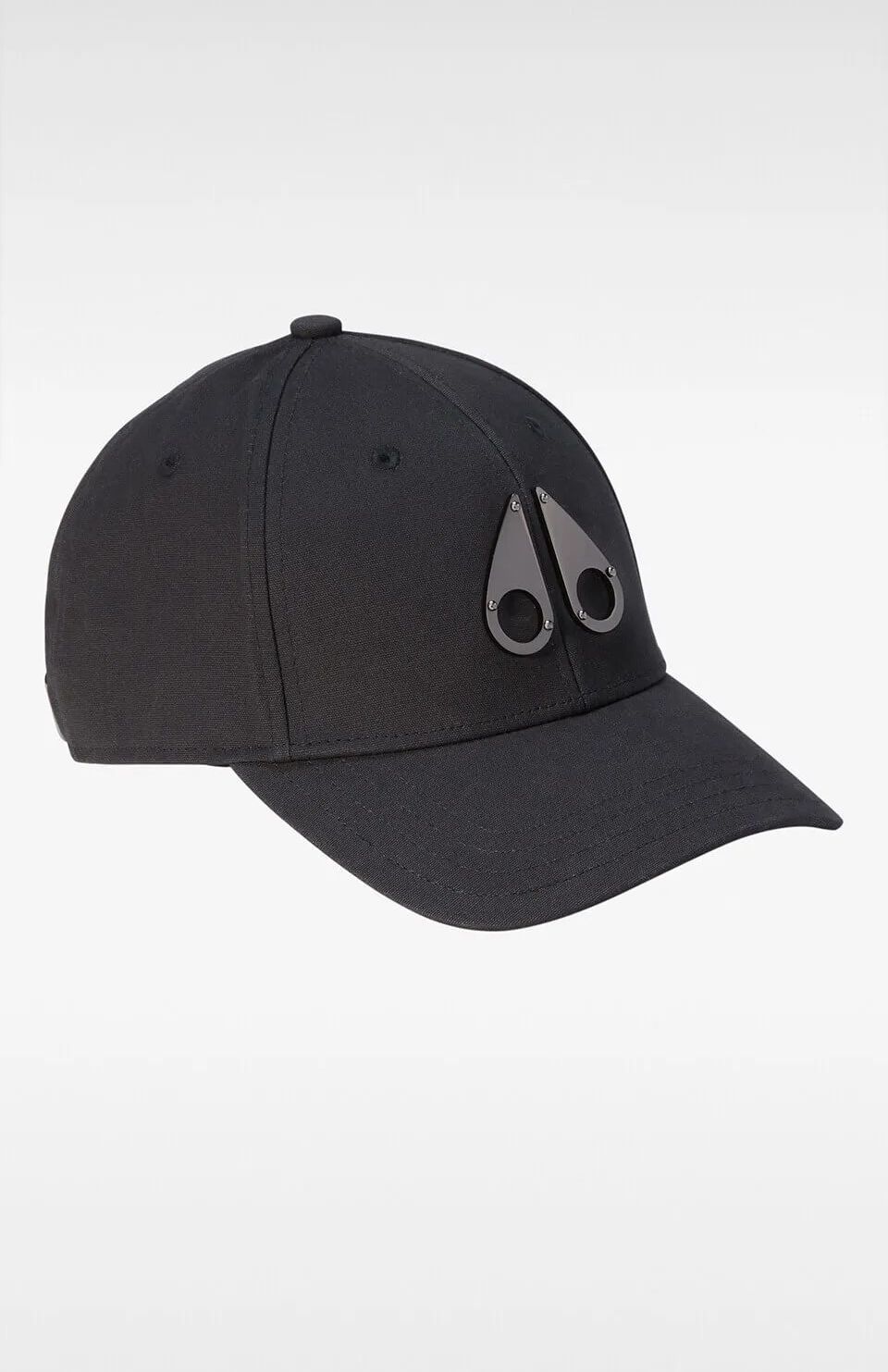 Black baseball cap with dual metal teardrop logo at front.