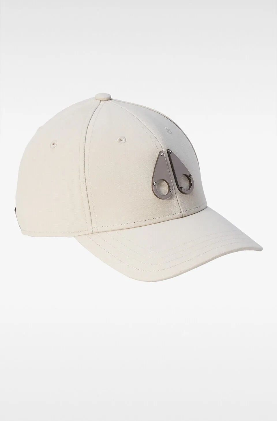 Off-white baseball cap with a metallic logo in the front.