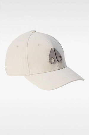 Off-white baseball cap with a metallic logo in the front.