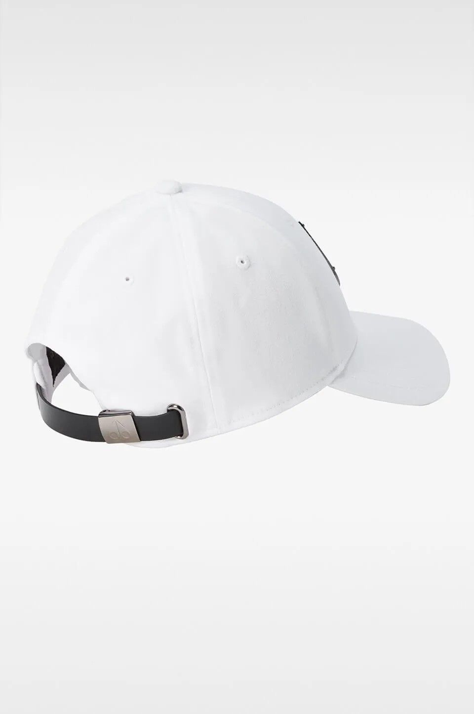 White baseball cap with a black adjustable strap at the back.