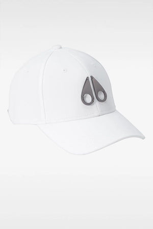 White baseball cap with gray metal logo on front.