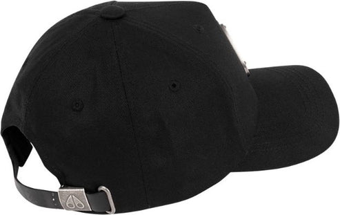 Black baseball cap with metal buckle strap.