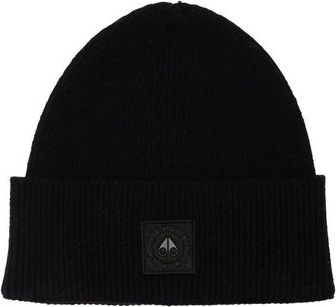 Black knit beanie with a small logo on the brim.