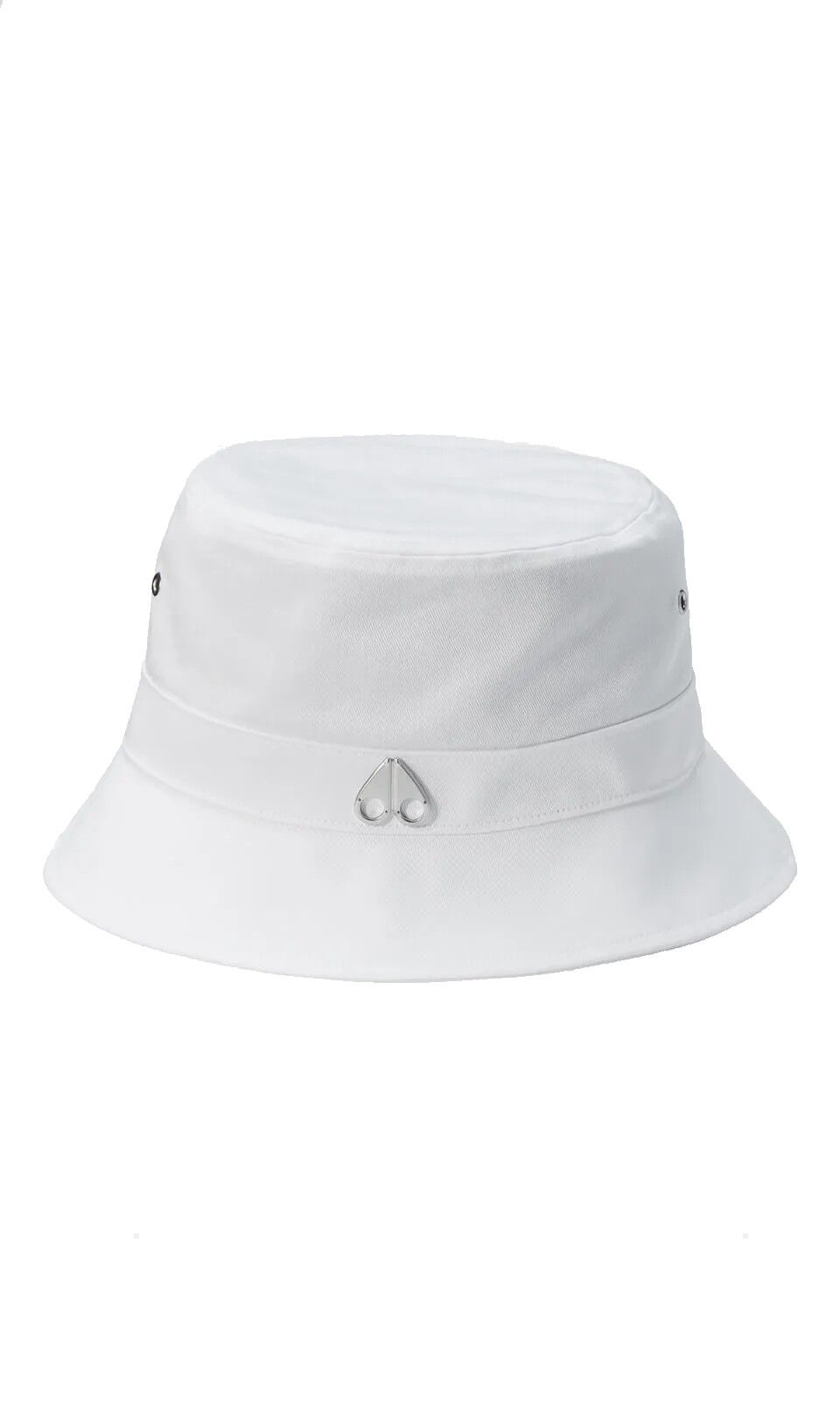 White bucket hat with a heart shaped detail on the band.