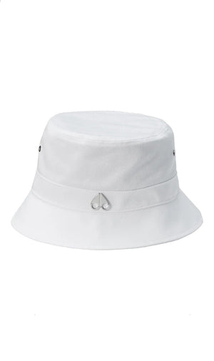 White bucket hat with a heart shaped detail on the band.