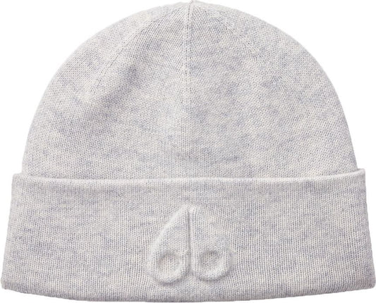 Light gray knit beanie with an emblem.
