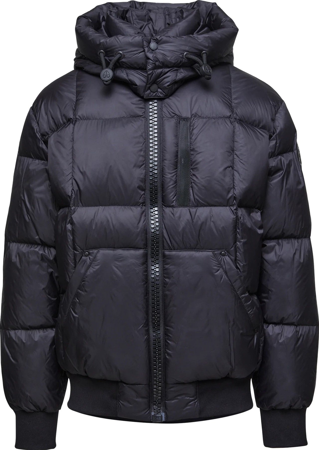 Black puffer jacket with hood, full zipper, and visible pockets.