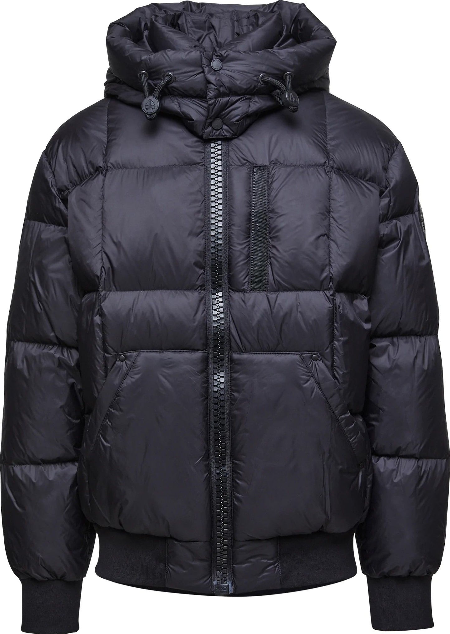 Black puffer jacket with hood, full zipper, and visible pockets.