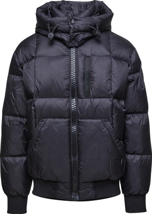 Black puffer jacket with hood, full zipper, and visible pockets.