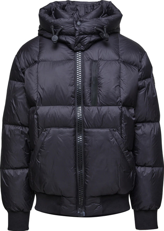 Black puffer jacket with hood, full zipper, and visible pockets.
