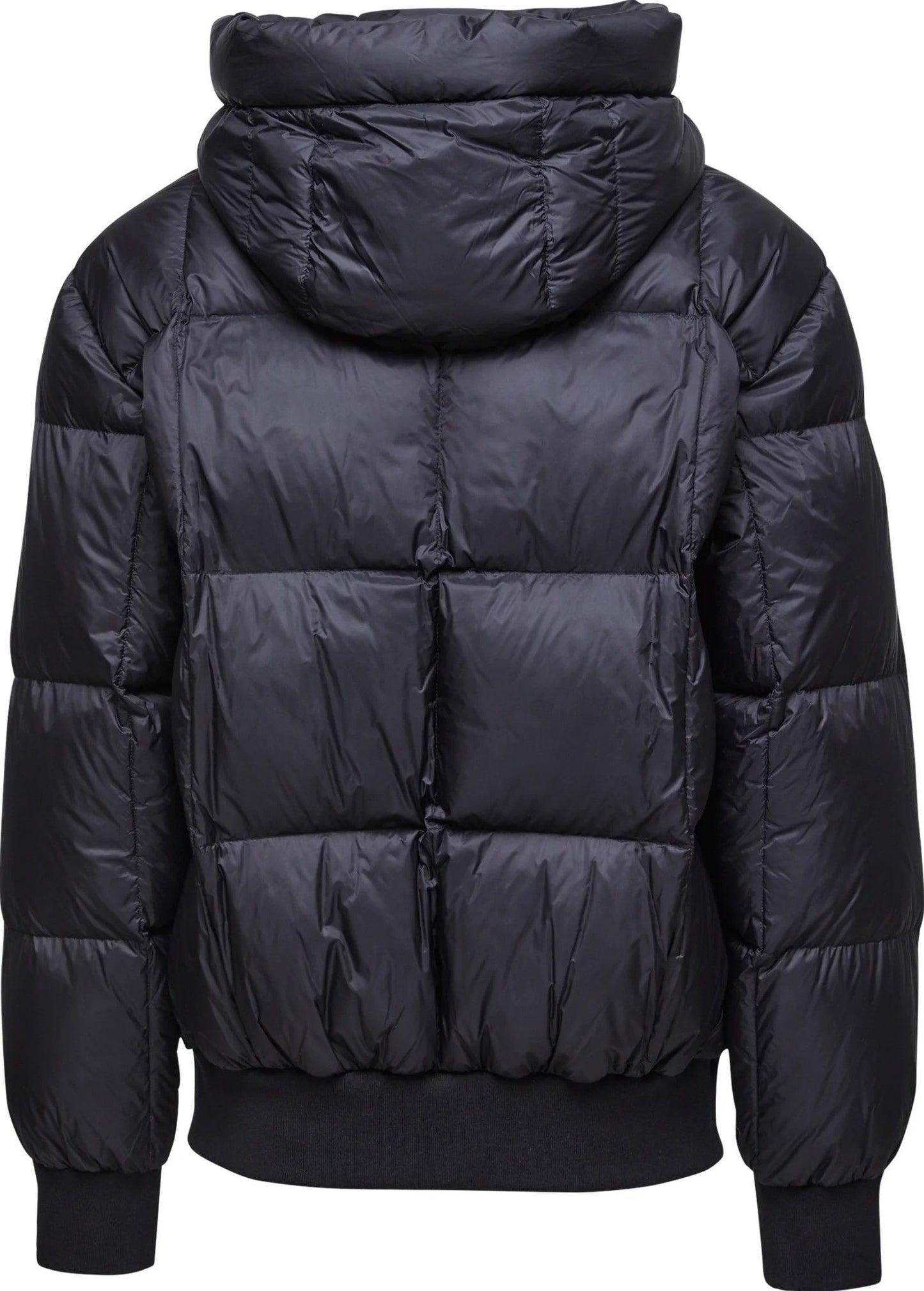 Back view of a black puffer jacket with a hood.