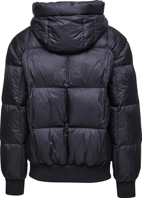 Back view of a black puffer jacket with a hood.