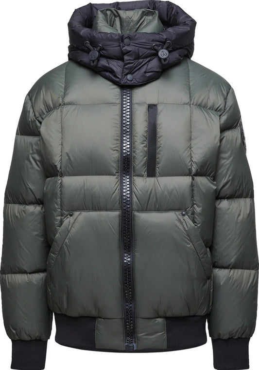 Olive green puffer jacket with black hood and ribbing.