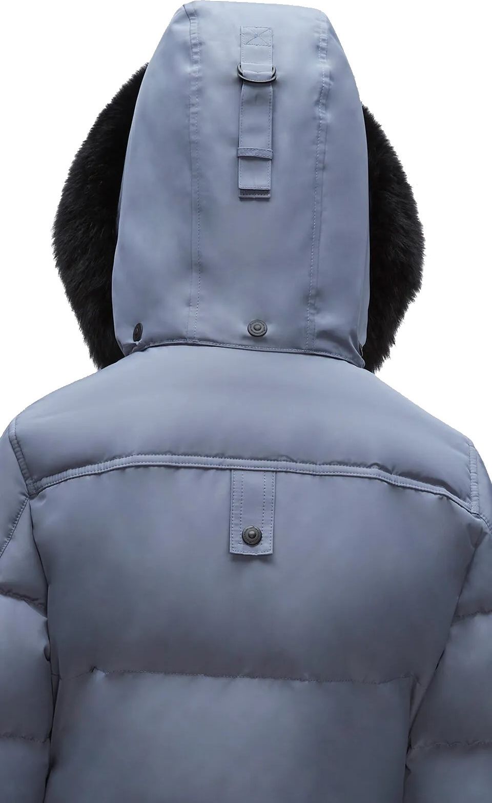 Back view of a light blue hooded puffer jacket with black fur trim around the hood.