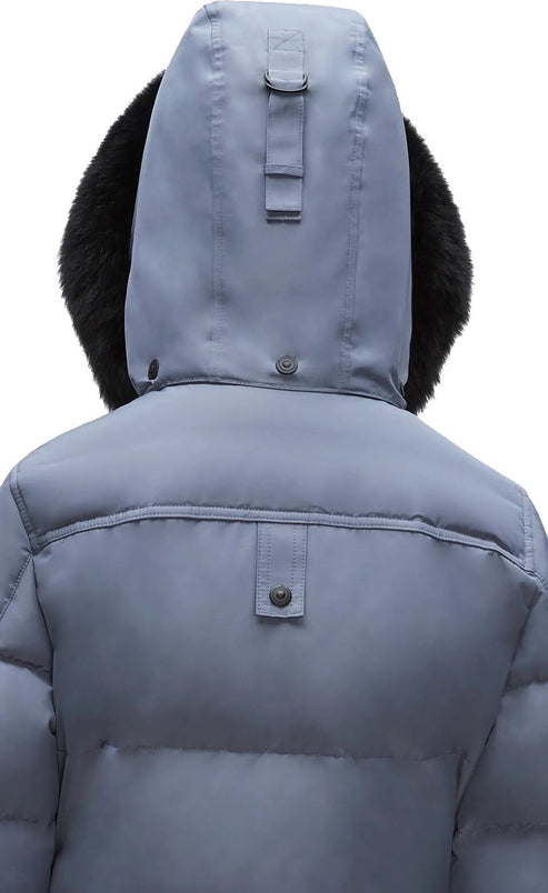 Back view of a light blue hooded puffer jacket with black fur trim around the hood.
