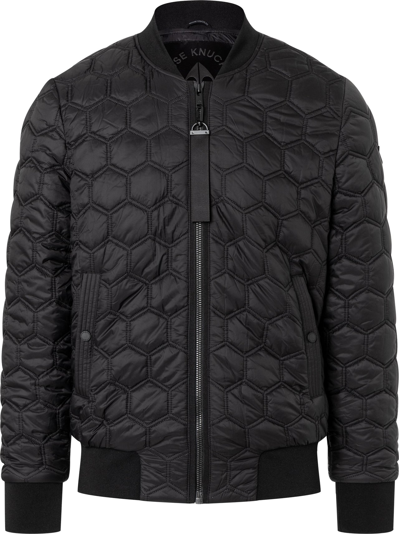 Black quilted bomber jacket with geometric pattern and center zipper.